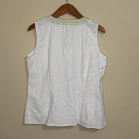 Zoe D. Top Women's Medium Linen Blend Sleeveless White Green Boho Embroidered - Picture 2 of 5